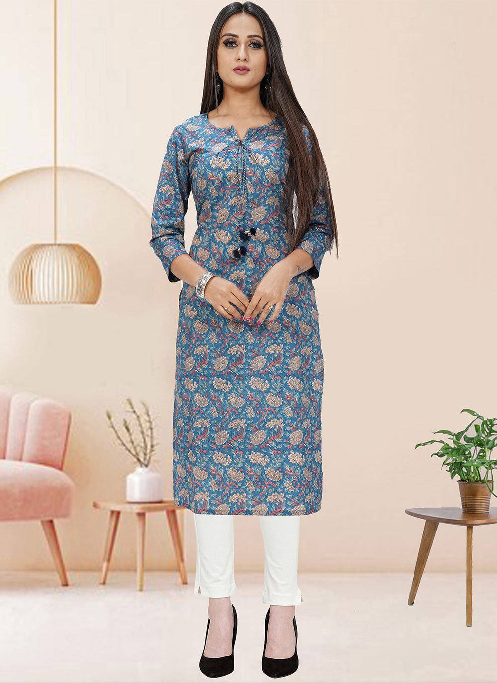 Party Wear Kurti Cotton Blue Print Kurtis