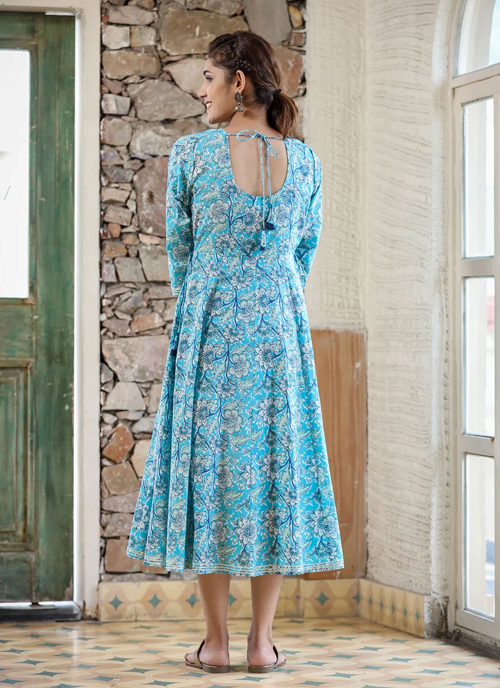 Party Wear Kurti Cotton Aqua Blue Print Kurtis