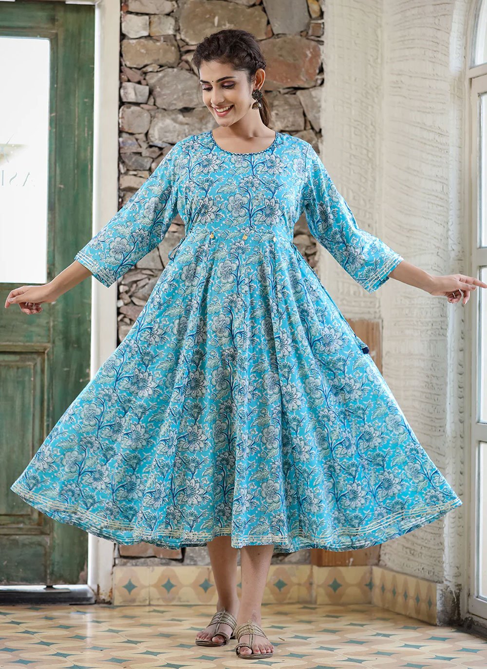 Party Wear Kurti Cotton Aqua Blue Print Kurtis