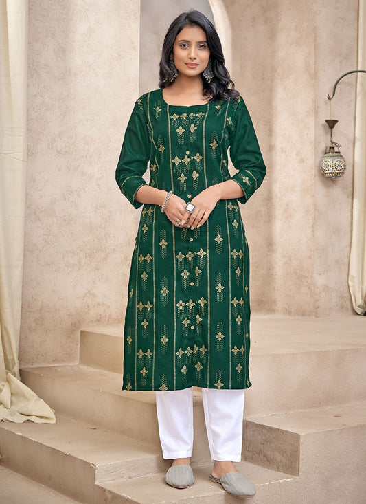 Party Wear Kurti Cotton Green Print Kurtis