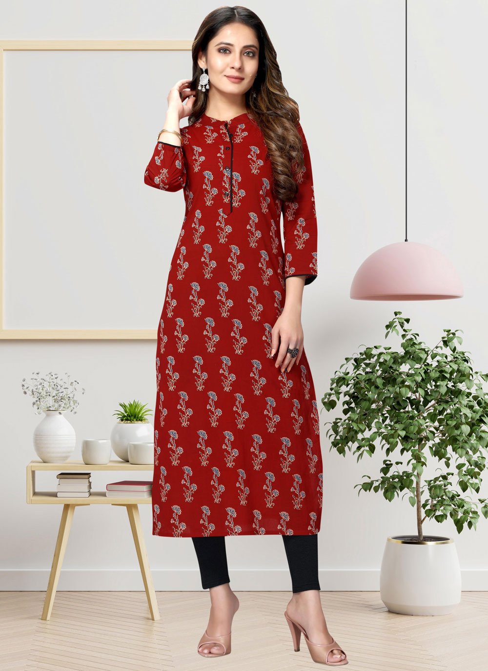 Party Wear Kurti Cotton Maroon Print Kurtis