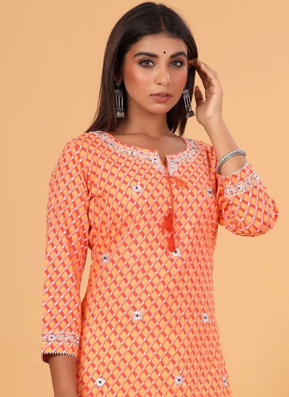 Party Wear Kurti Cotton Orange Embroidered Kurtis