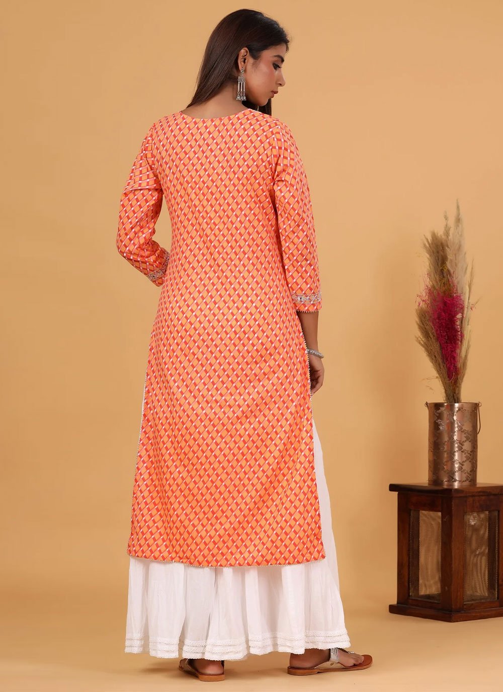 Party Wear Kurti Cotton Orange Embroidered Kurtis