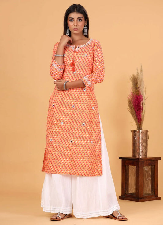 Party Wear Kurti Cotton Orange Embroidered Kurtis