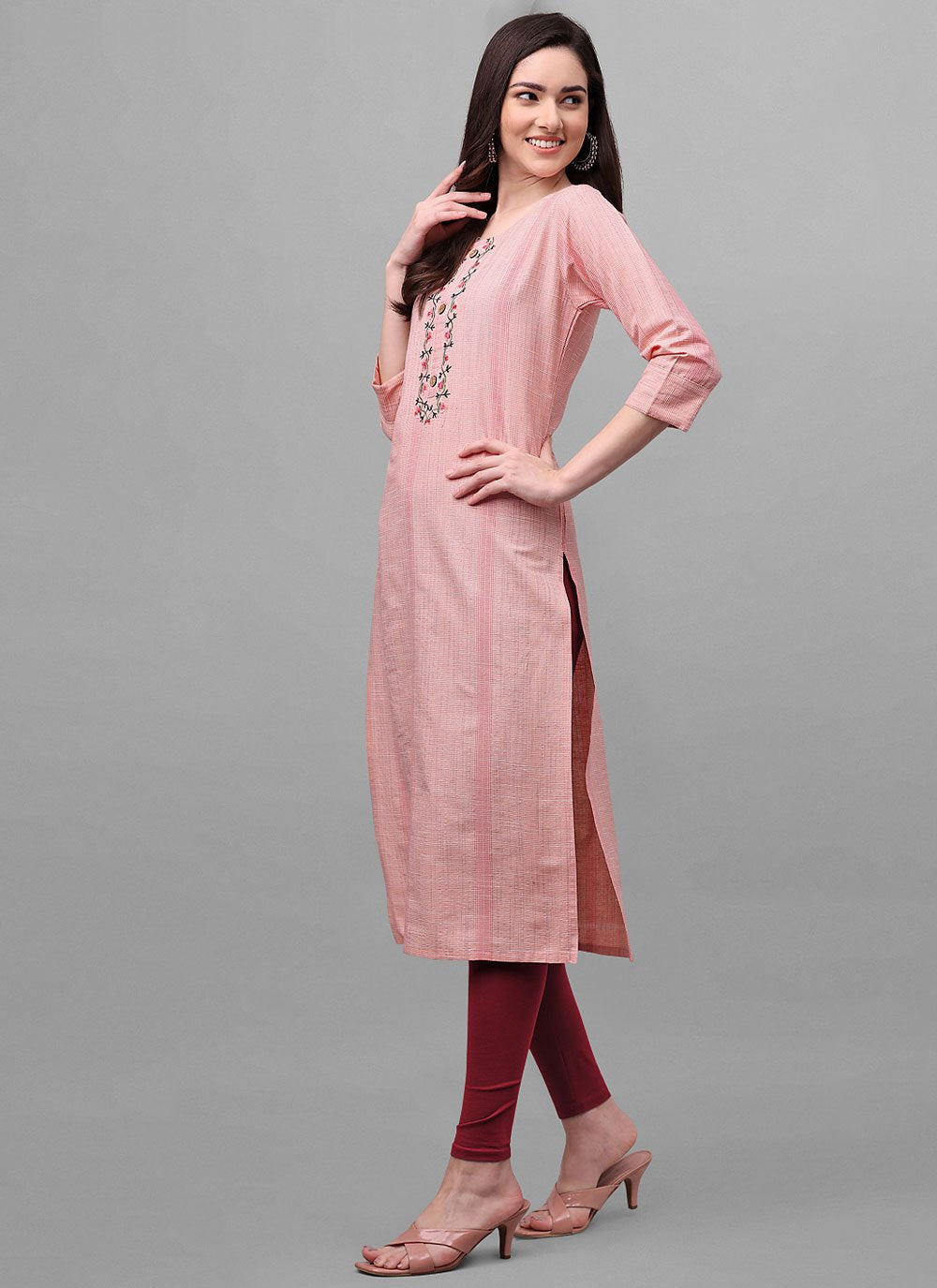 Party Wear Kurti Cotton Pink Weaving Kurtis