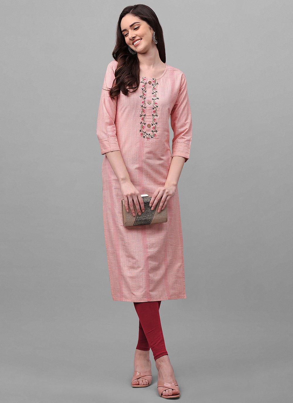 Party Wear Kurti Cotton Pink Weaving Kurtis