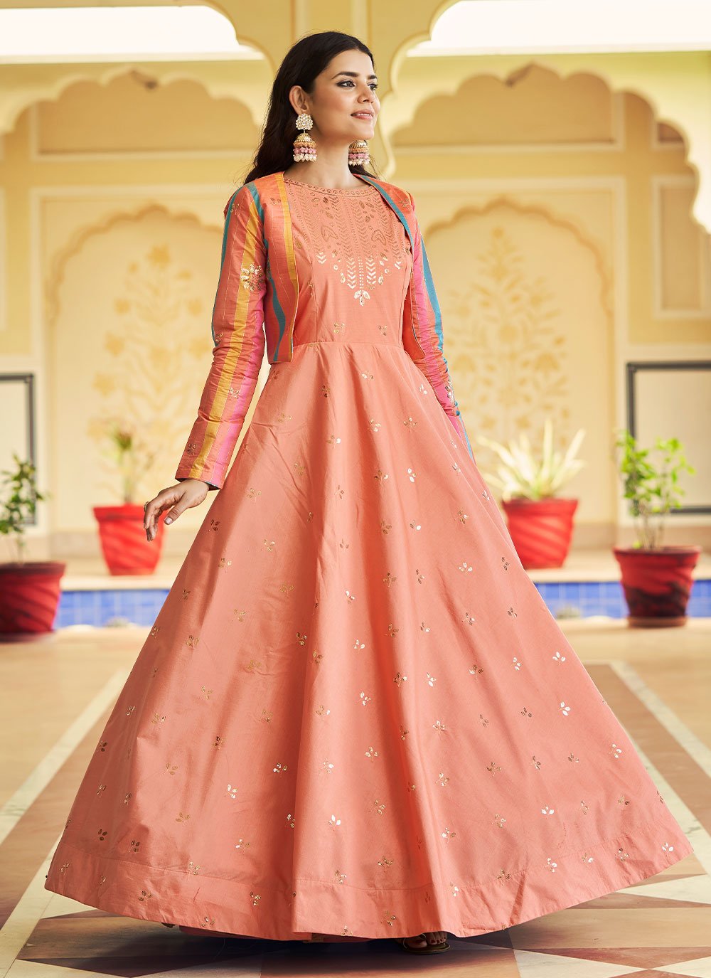 Designer Gown Cotton Peach Embroidered Gown