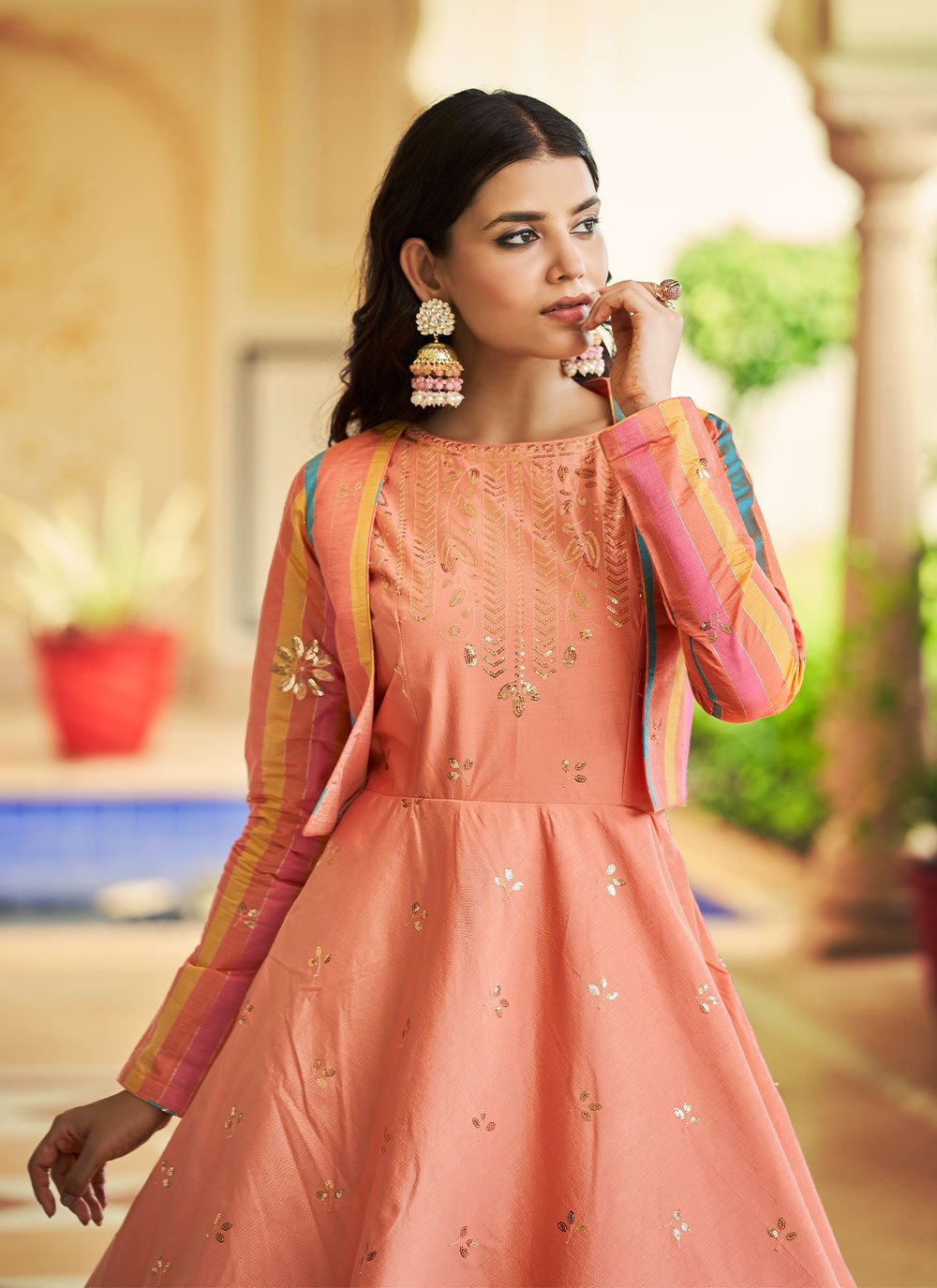 Designer Gown Cotton Peach Embroidered Gown