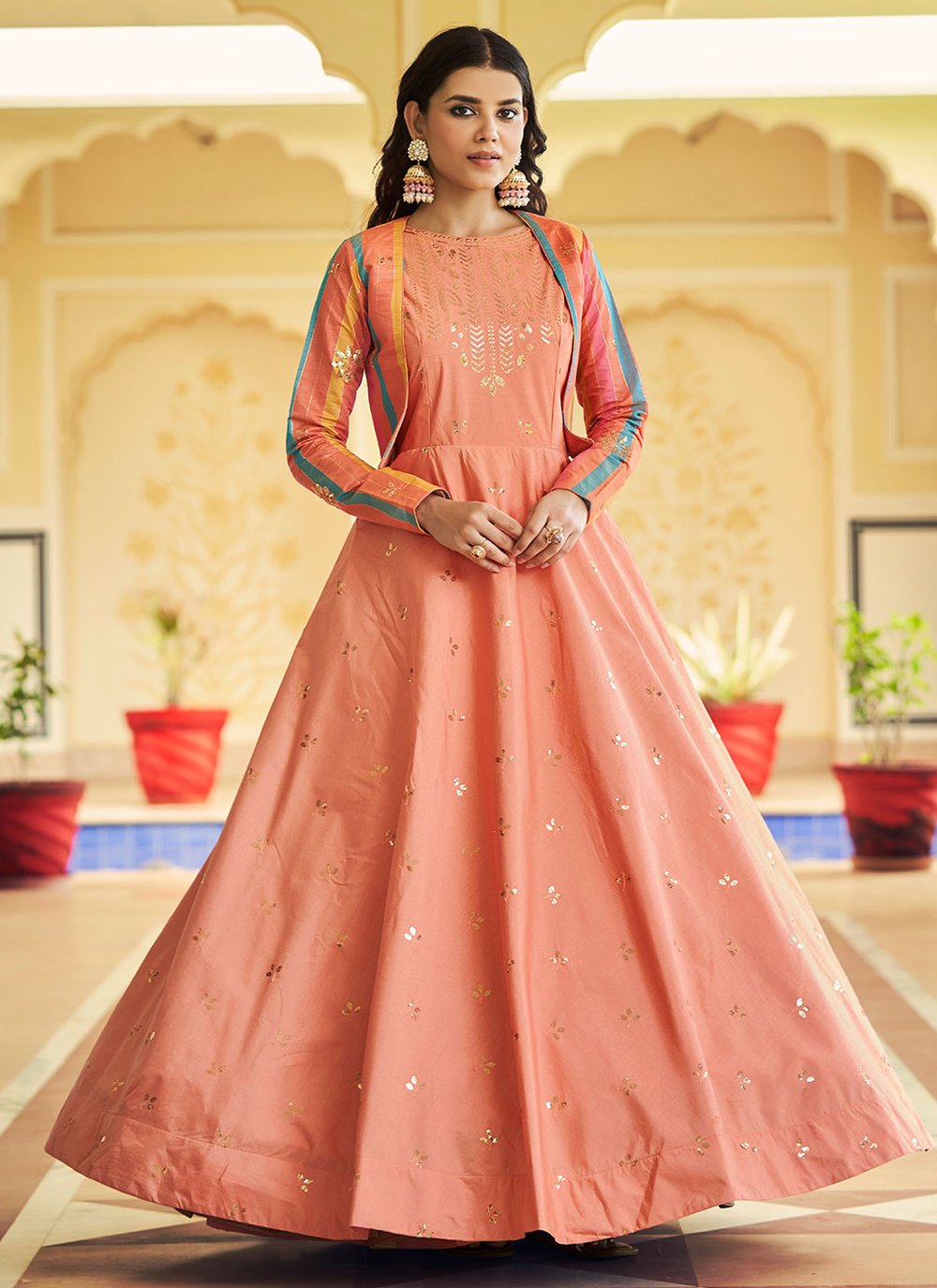 Designer Gown Cotton Peach Embroidered Gown