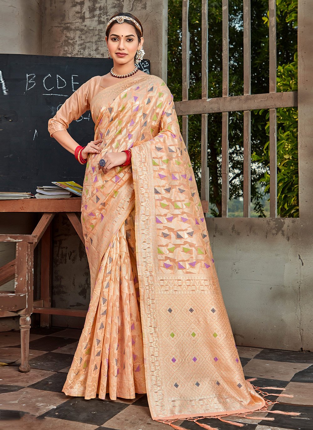 Traditional Saree Cotton Peach Embroidered Saree