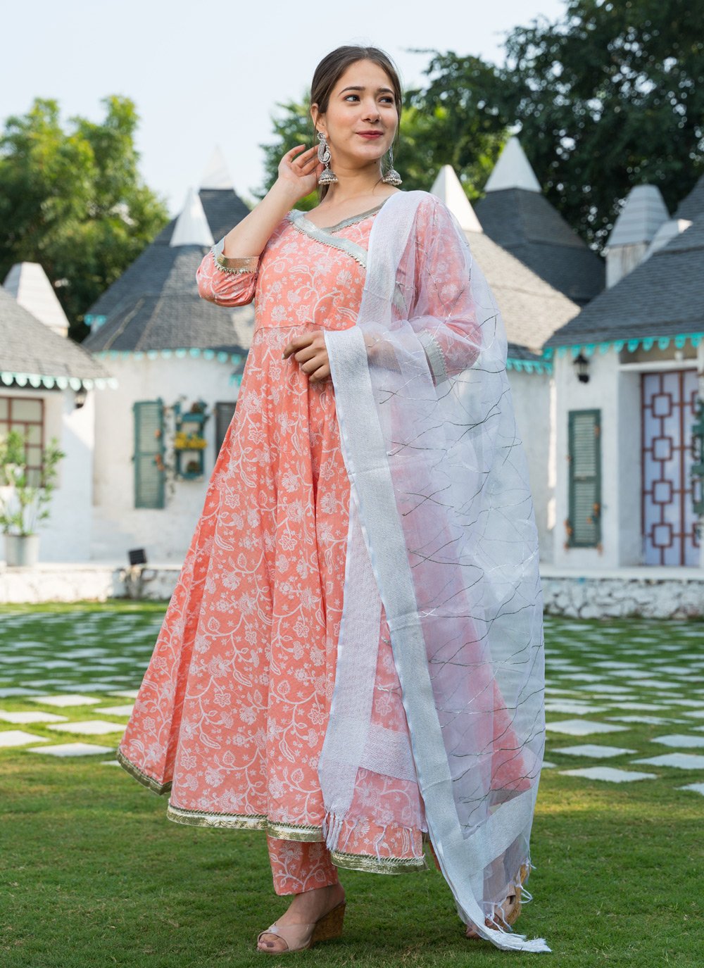 Pant Style Suit Cotton Peach Lace Salwar Kameez