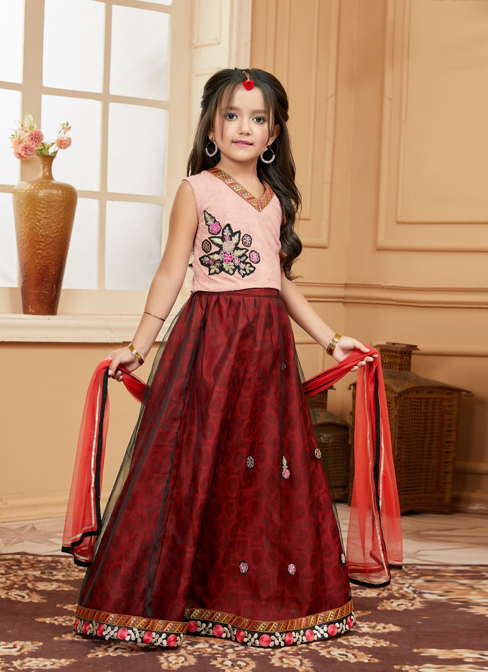 Lehenga Choli Cotton Peach Embroidered Kids