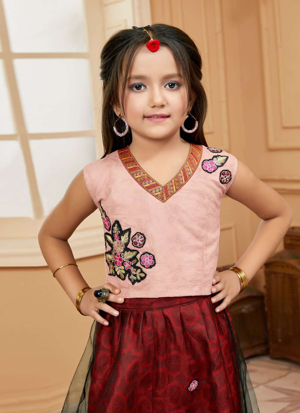 Lehenga Choli Cotton Peach Embroidered Kids