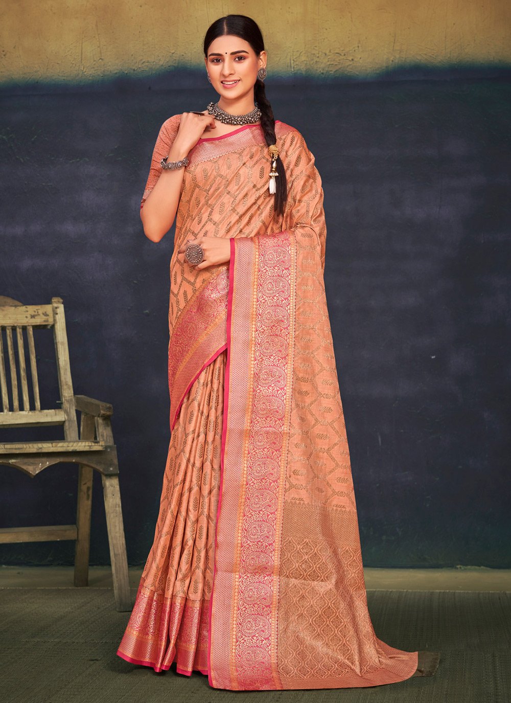 Traditional Saree Cotton Peach Weaving Saree