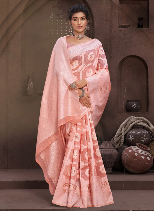 Trendy Saree Cotton Peach Fancy Work Saree