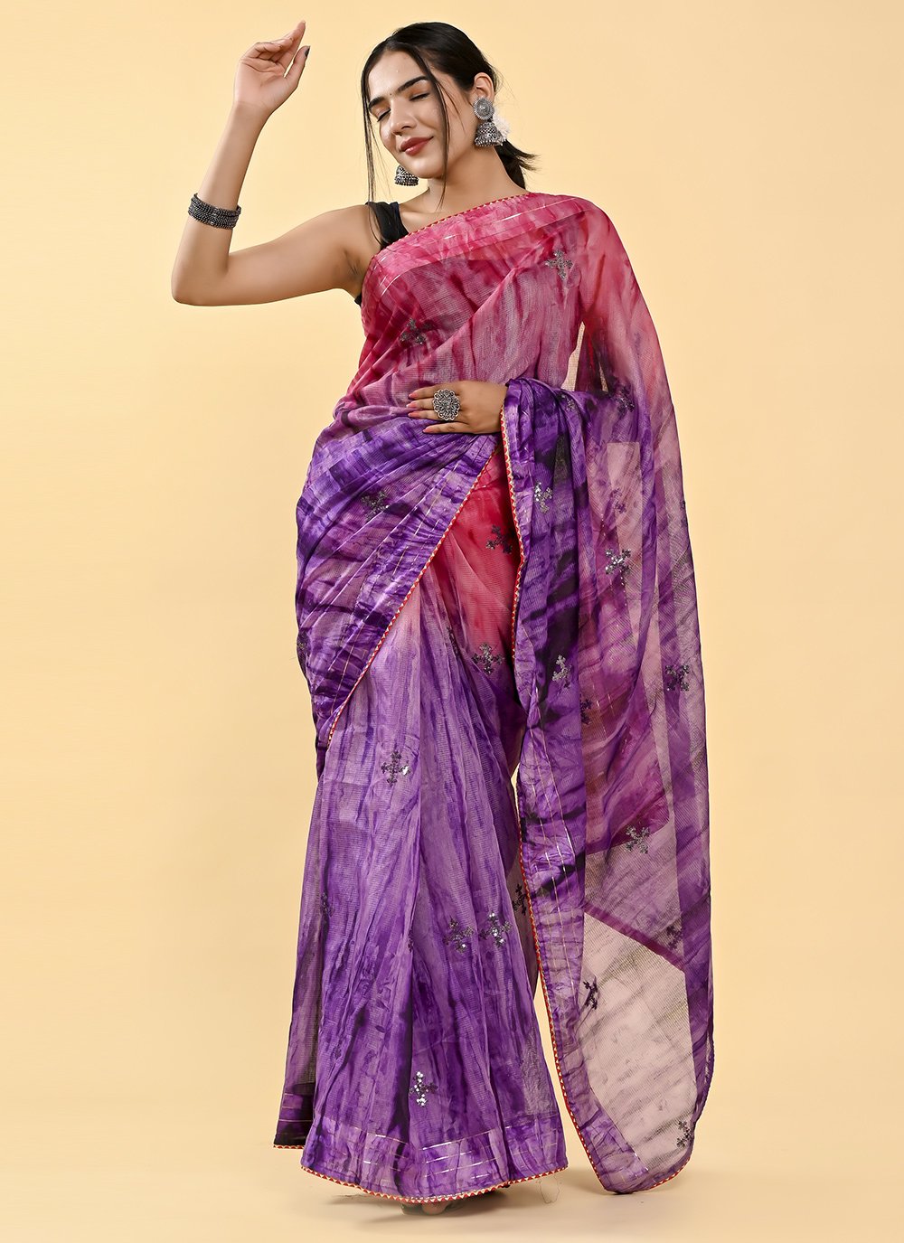 Shaded Saree Cotton Pink Purple Lace Saree