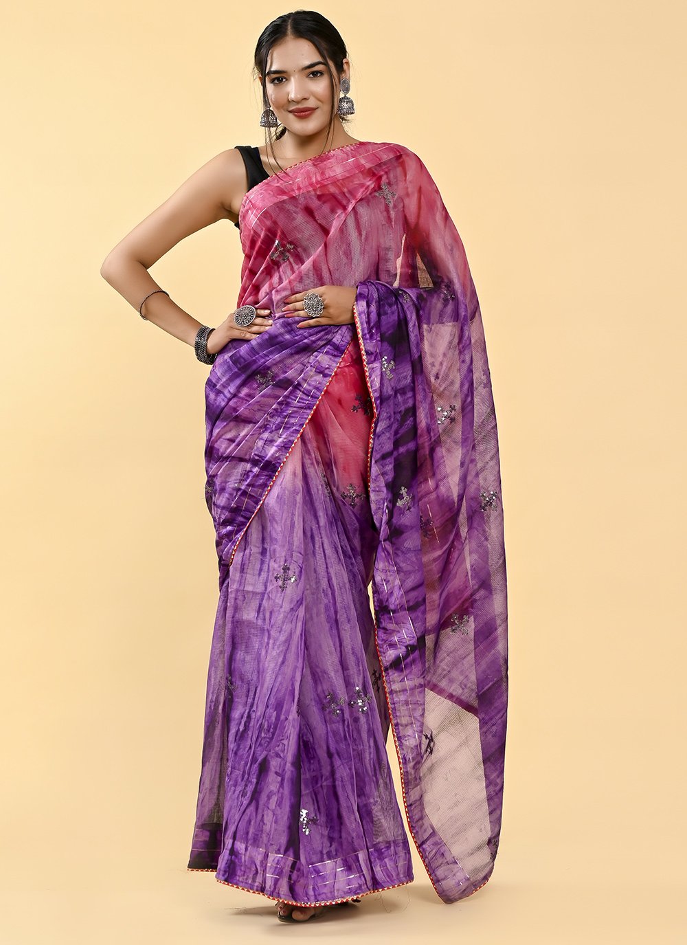 Shaded Saree Cotton Pink Purple Lace Saree