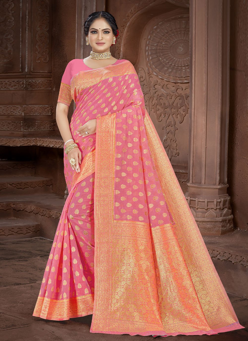 Casual Cotton Pink Weaving Saree