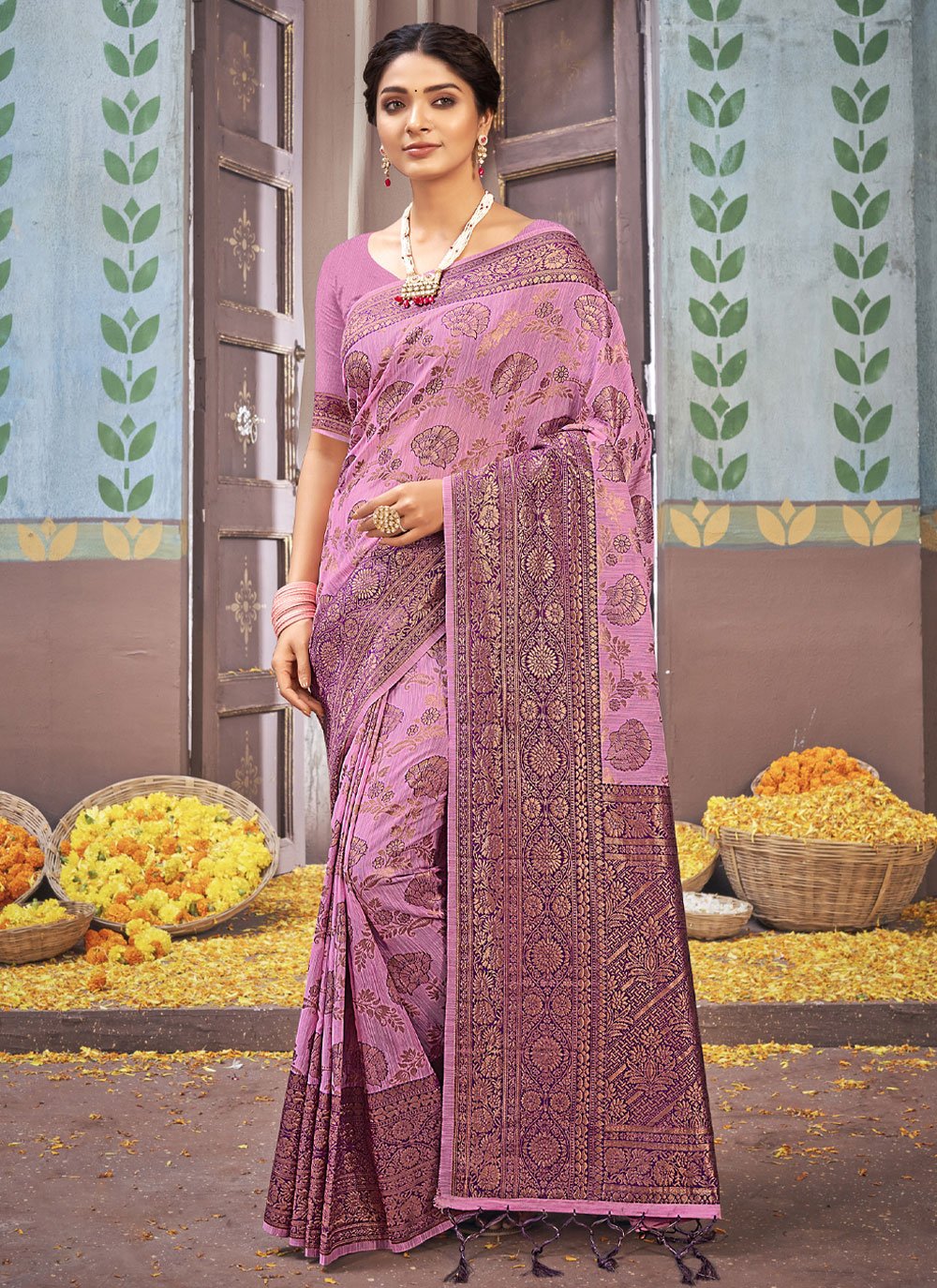 Classic Cotton Pink Foil Print Saree