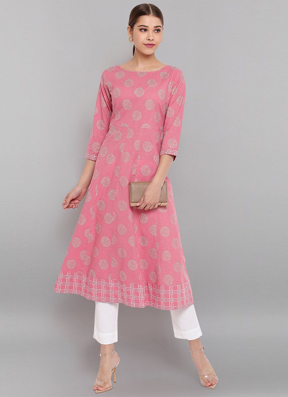 Designer Kurti Cotton Pink Floral Patch Kurtis