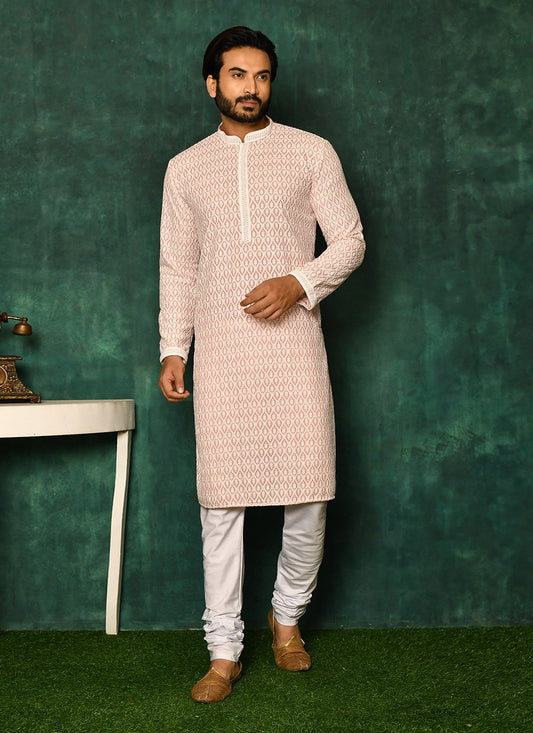 Kurta Pyjama Cotton Pink Chikankari Work Mens