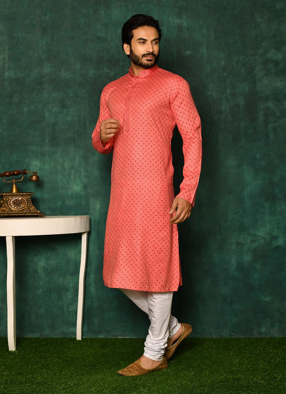 Kurta Pyjama Cotton Pink Print Mens