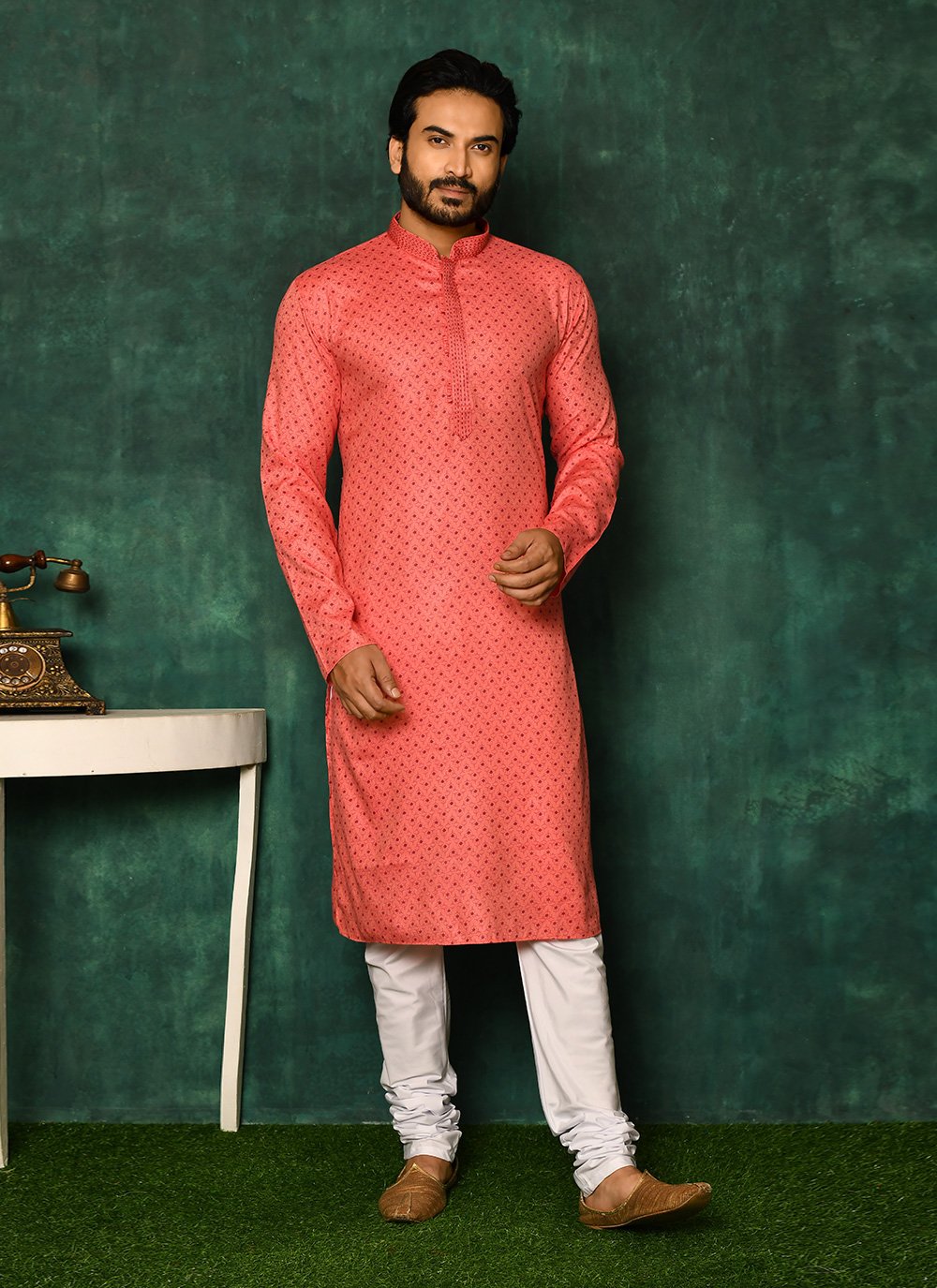 Kurta Pyjama Cotton Pink Print Mens