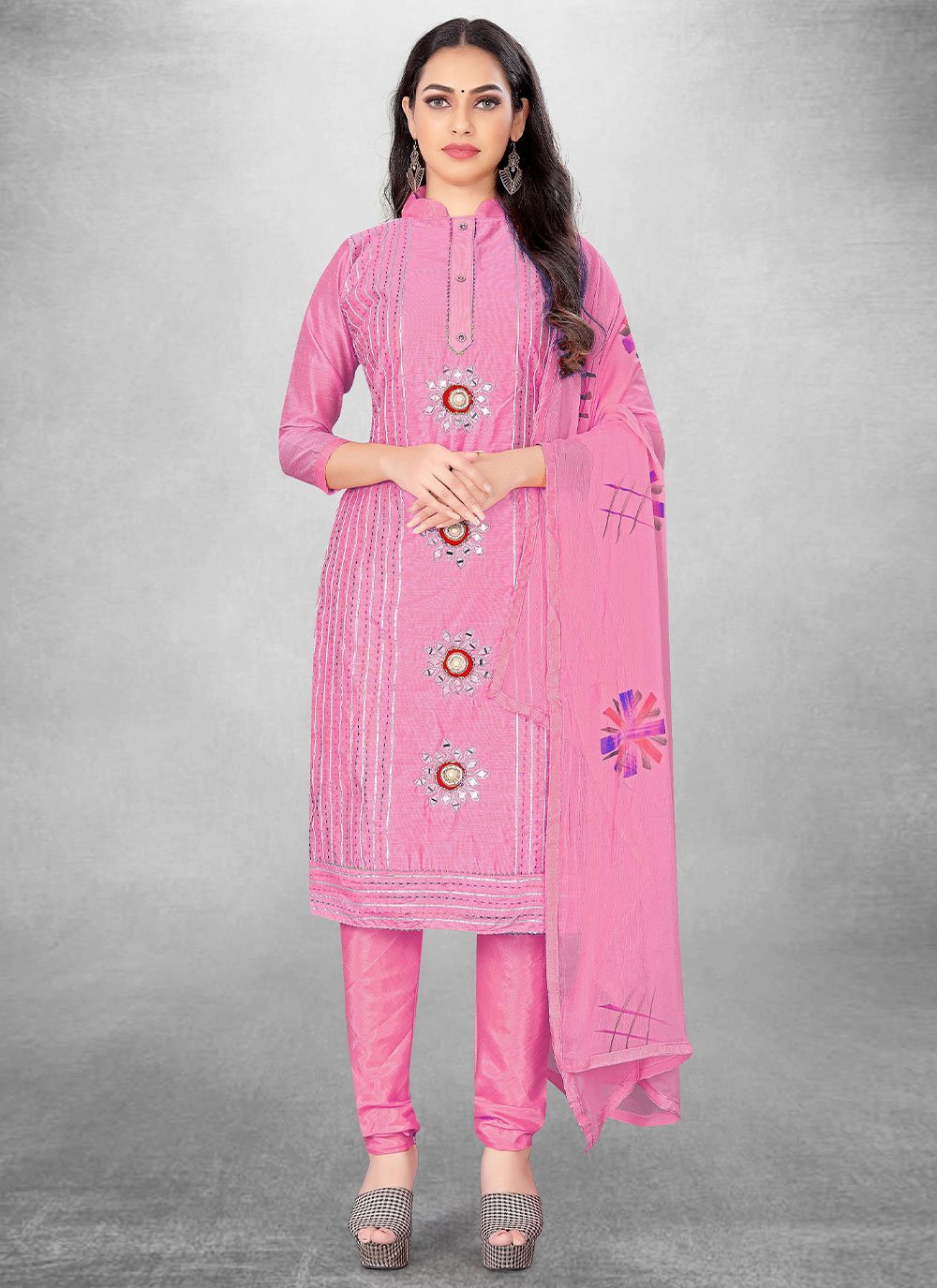 Churidar Suit Cotton Pink Hand Work Salwar Kameez