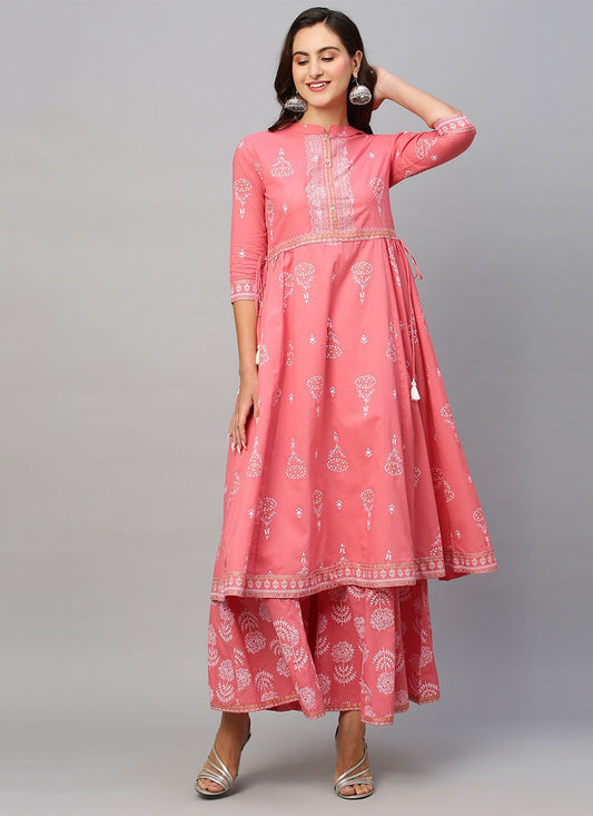 Party Wear Kurti Cotton Pink Print Kurtis