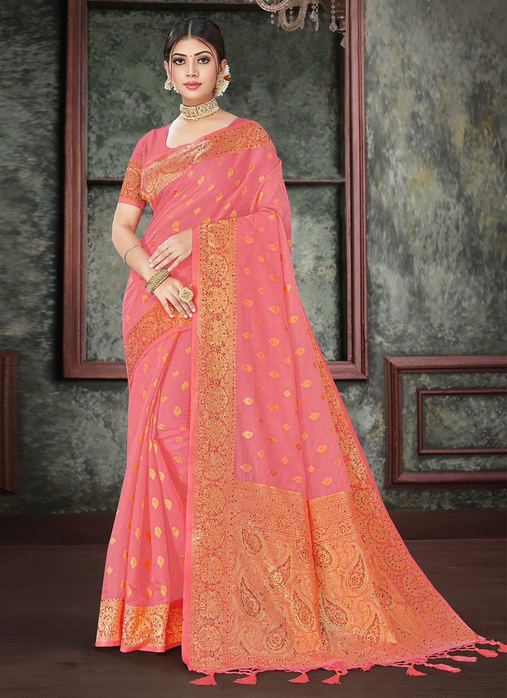 Designer Cotton Pink Swarovski Saree