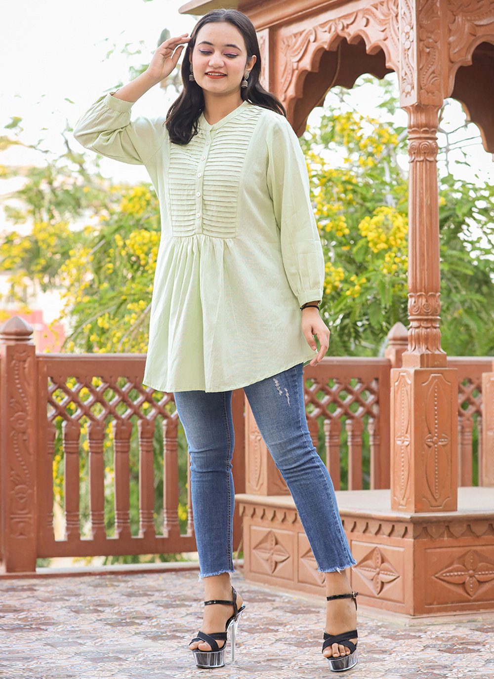 Casual Kurti Cotton Sea Green Buttons Kurtis