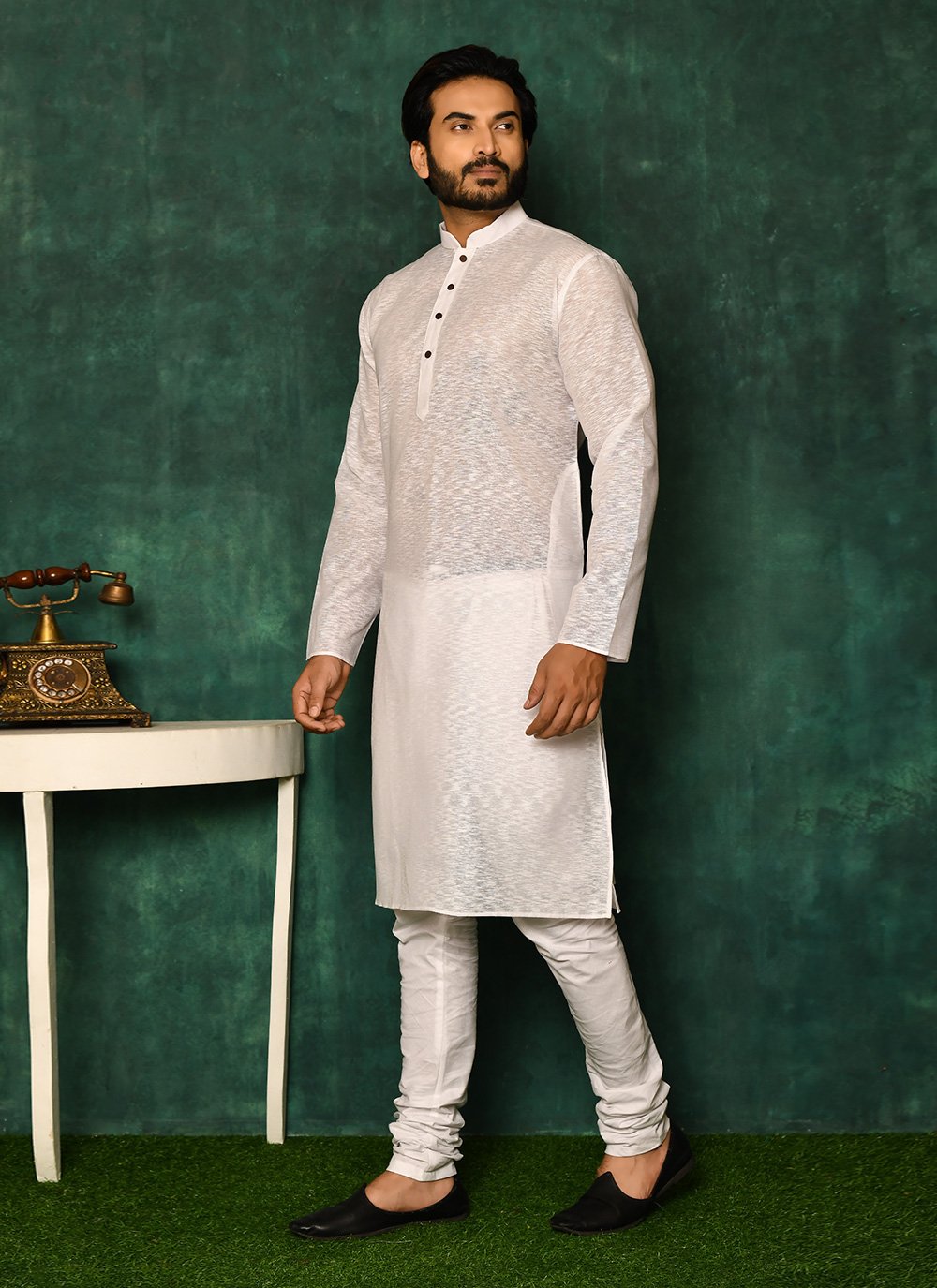 Kurta Pyjama Cotton Off White Plain Mens