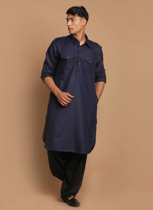 Kurta Pyjama Cotton Blue Plain Mens