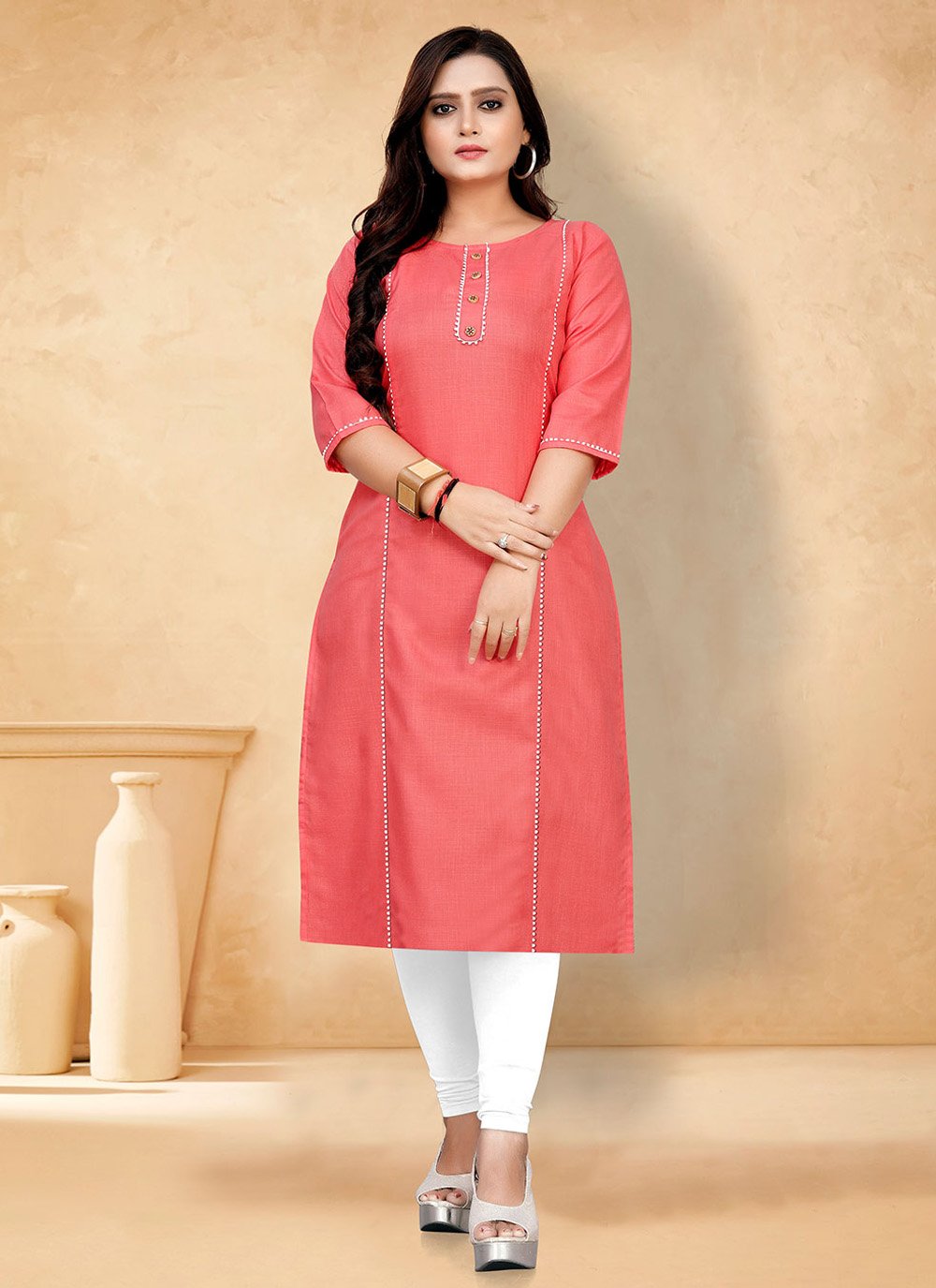 Designer Kurti Cotton Pink Plain Kurtis