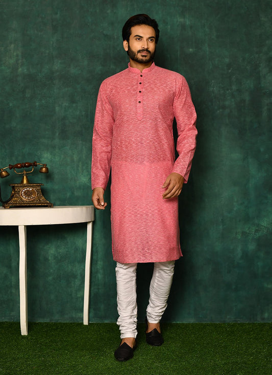 Kurta Pyjama Cotton Pink Plain Mens