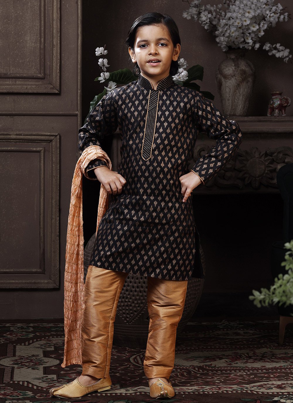 Kurta Pyjama Cotton Black Print Kids