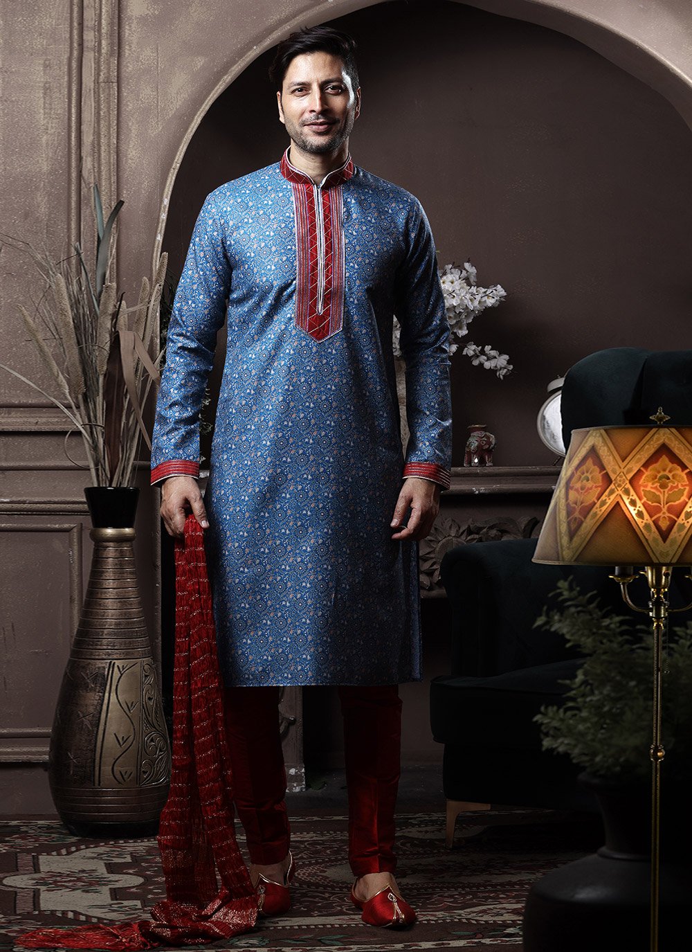 Kurta Pyjama Cotton Blue Print Mens