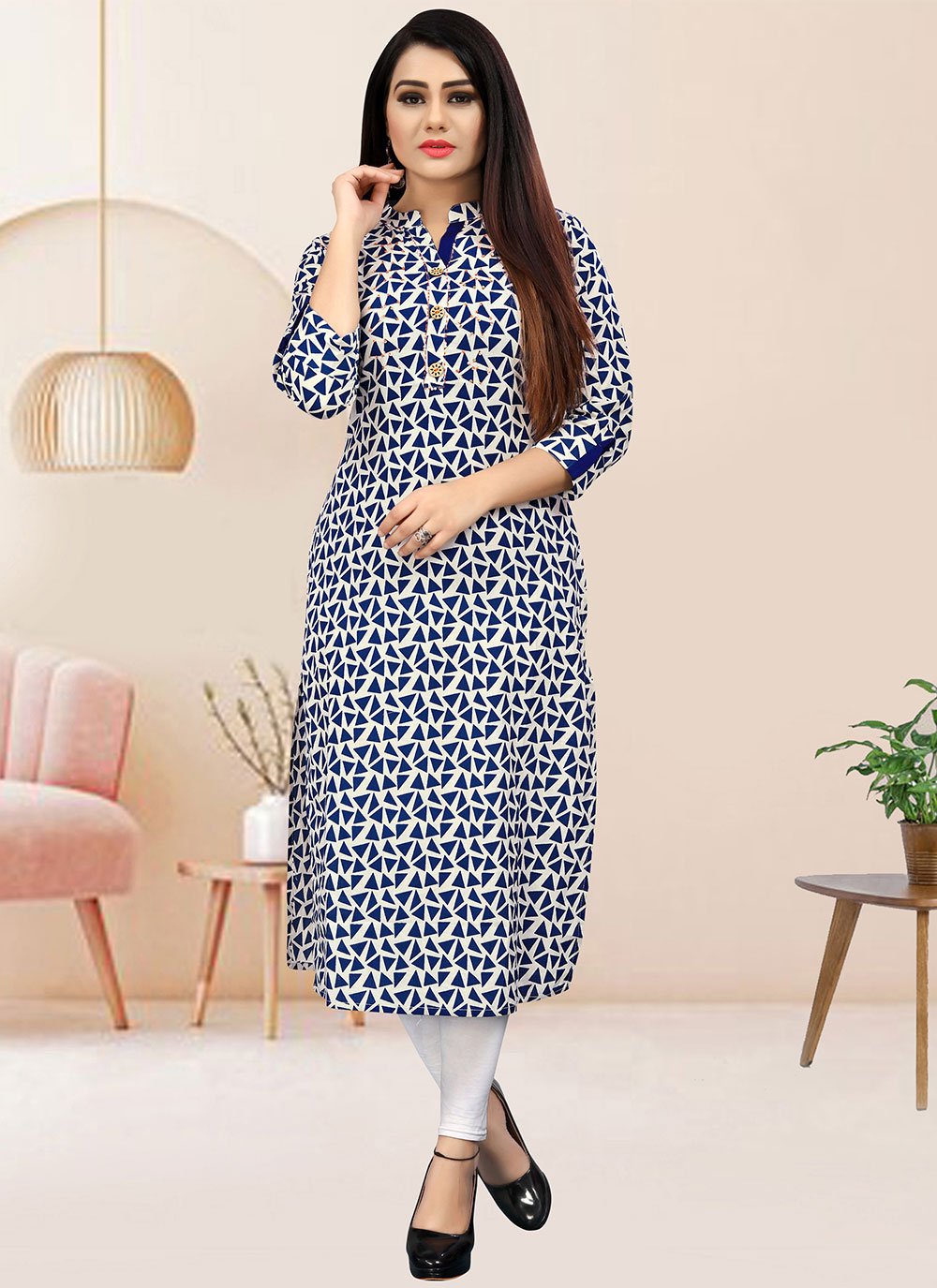 Party Wear Kurti Cotton Blue Print Kurtis