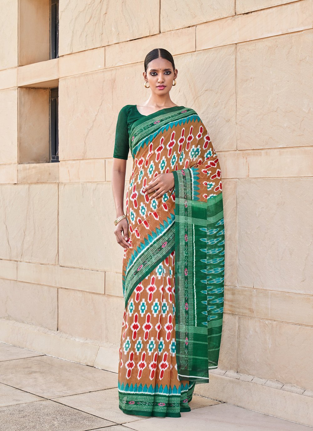 Casual Cotton Brown Green Print Saree