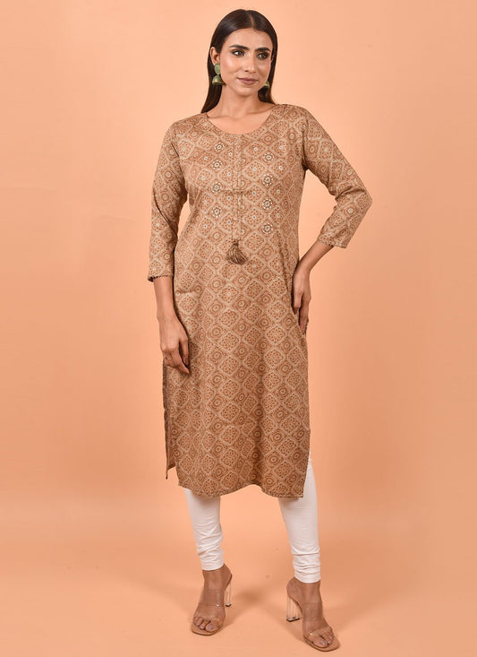 Party Wear Kurti Cotton Brown Print Kurtis