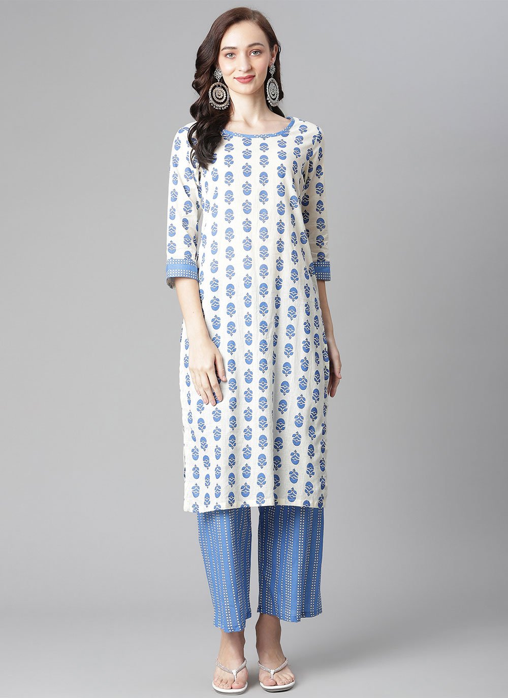 Casual Kurti Cotton Blue White Print Kurtis