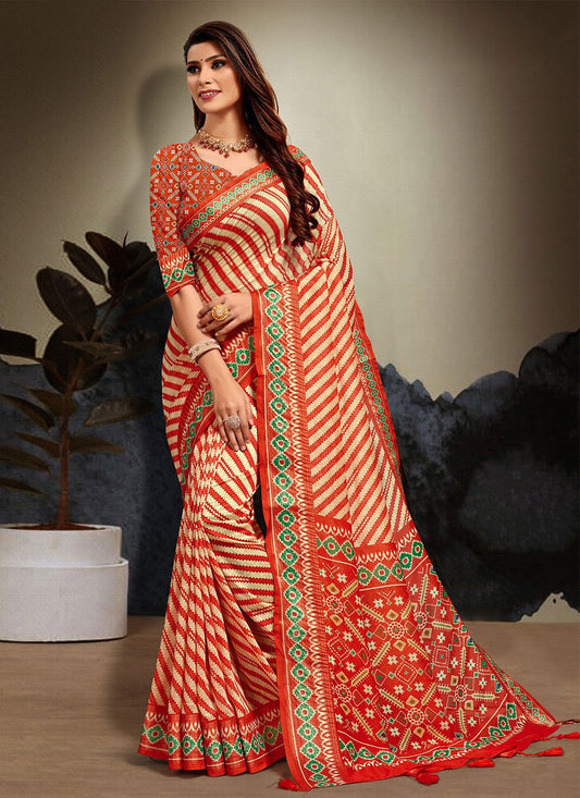 Contemporary Cotton Red Print Saree