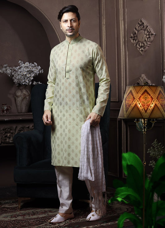 Kurta Pyjama Cotton Green Print Mens