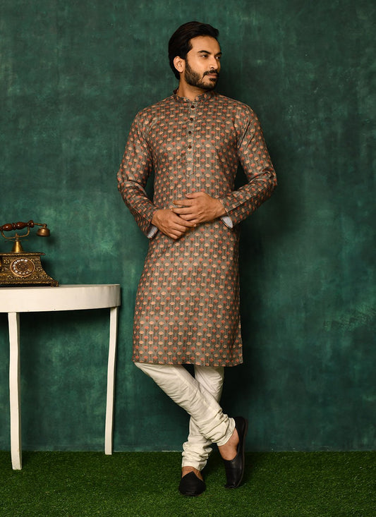 Kurta Pyjama Cotton Green Print Mens