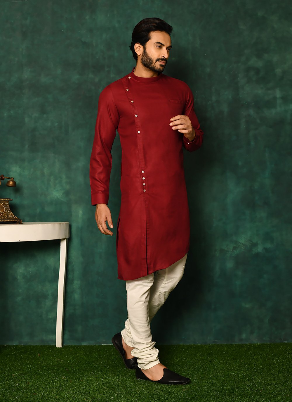 Kurta Pyjama Cotton Maroon Print Mens