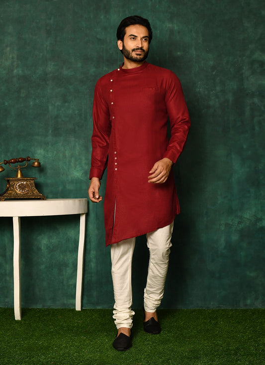 Kurta Pyjama Cotton Maroon Print Mens