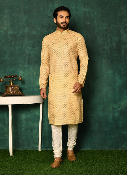 Kurta Pyjama Cotton Yellow Print Mens