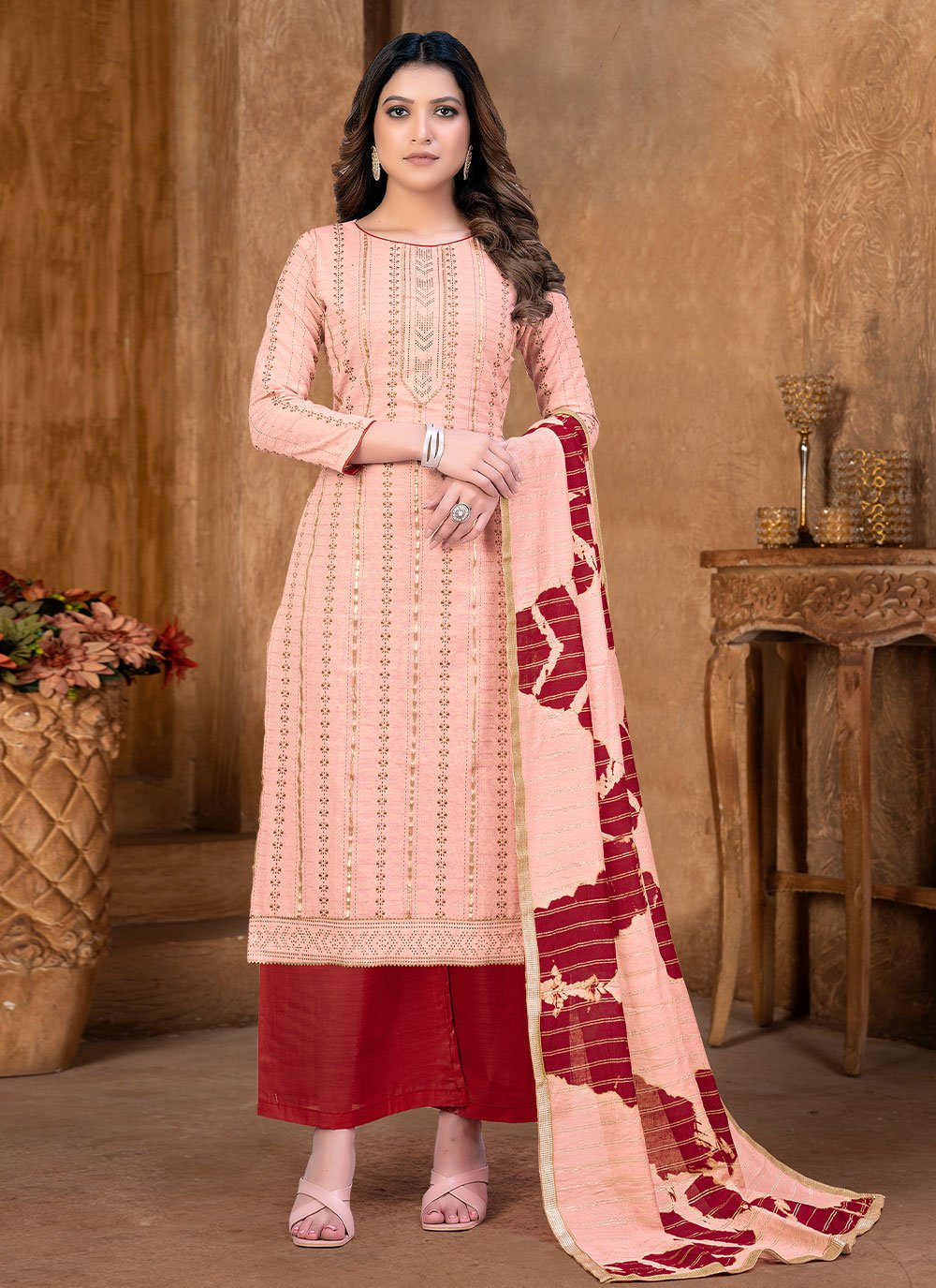 Floor Lenght Salwar Suit Cotton Peach Print Salwar Kameez