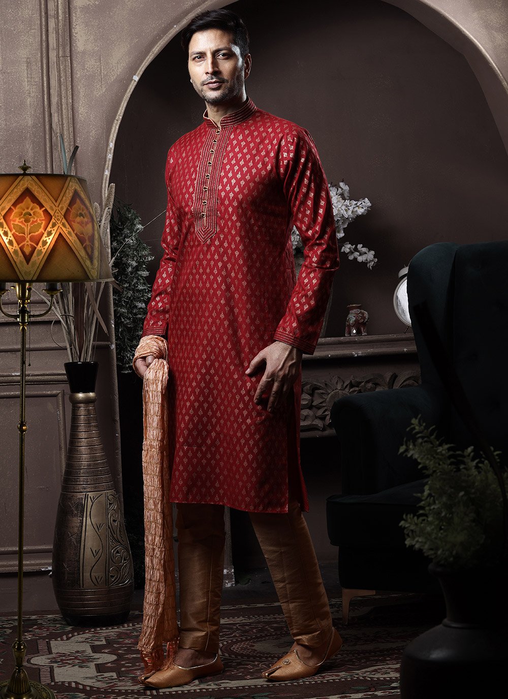 Kurta Pyjama Cotton Maroon Print Mens