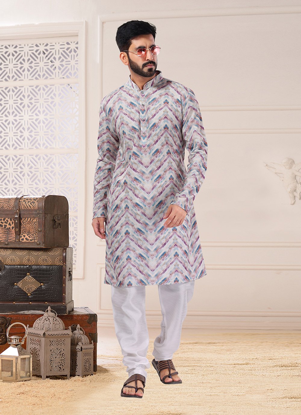 Kurta Pyjama Cotton Multi Colour Print Mens